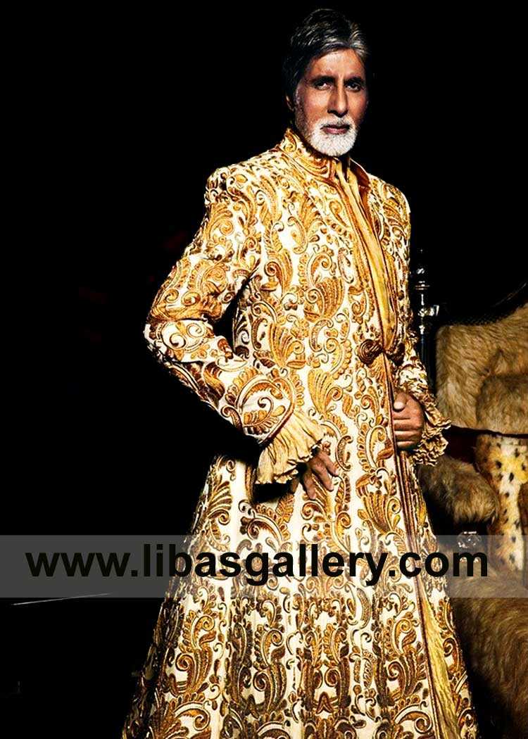 Men extravagant ivory beige gold Anarkali style sherwani suit paired with inner suit UK USA Canada Dubai Australia
