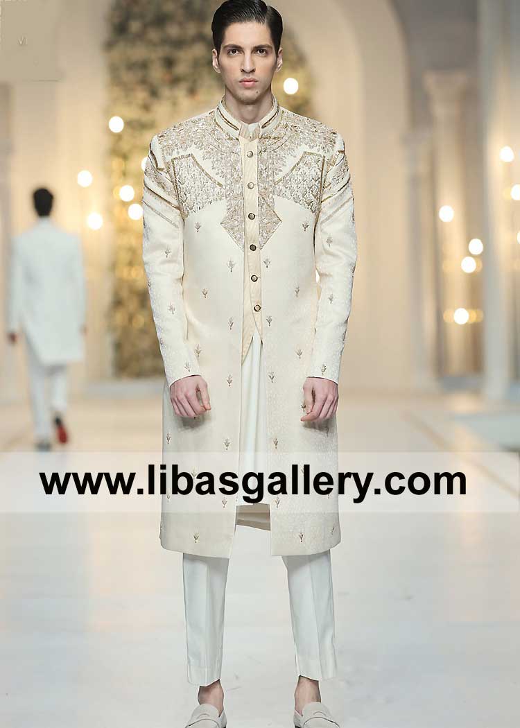 Ivory light shade Jamawar Men Embellished Sherwani Suit for Nikah Barat time with inner collar arms chest embellished and small motifs UK USA Canada
