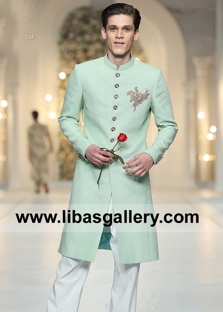 Light celadon Men Sherwani Style with chest Embroidery Motif and Fancy Metal Buttons