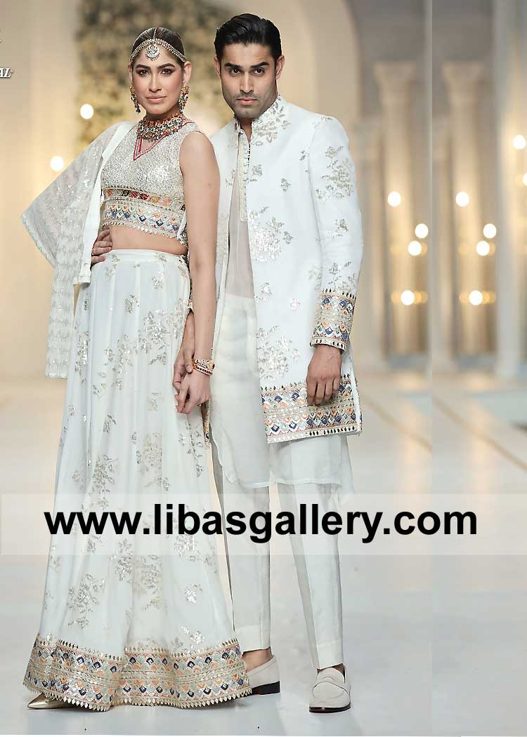 Men open style White Raw silk Embroidered Wedding Jacket for Nikah Barat with see through Fabric Kurta and Raw silk Trouser UK USA Canada Australia Dubai