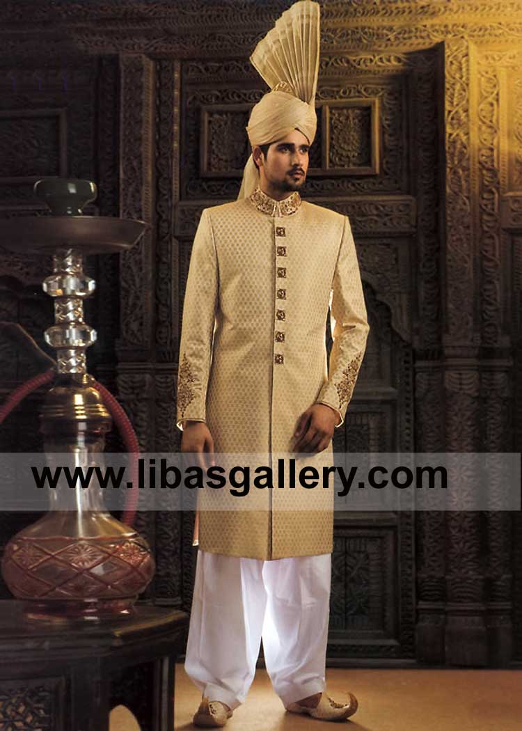 Gold Jamawar Men Sherwani suit with Antique Gold hand embellishment on collar sleeves and buttons UK USA Canada Australia Dubai