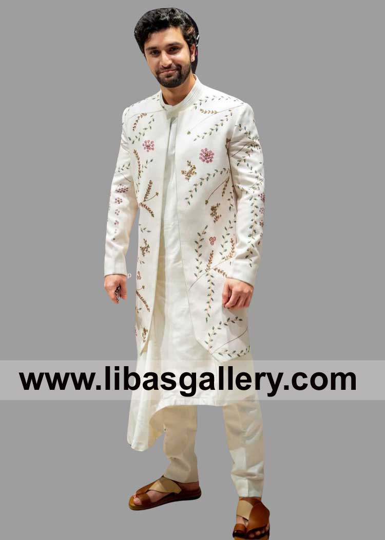 Off White Open Style Floral Embroidered Men Sherwani