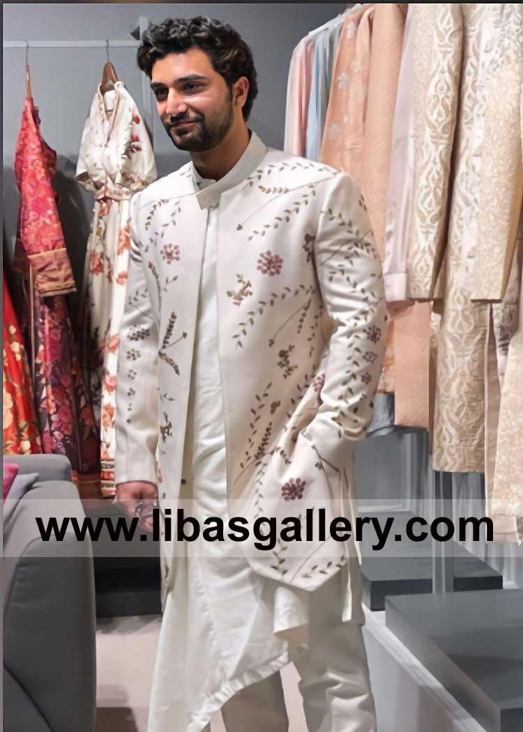 Off White Open Style Floral Embroidered Men Sherwani