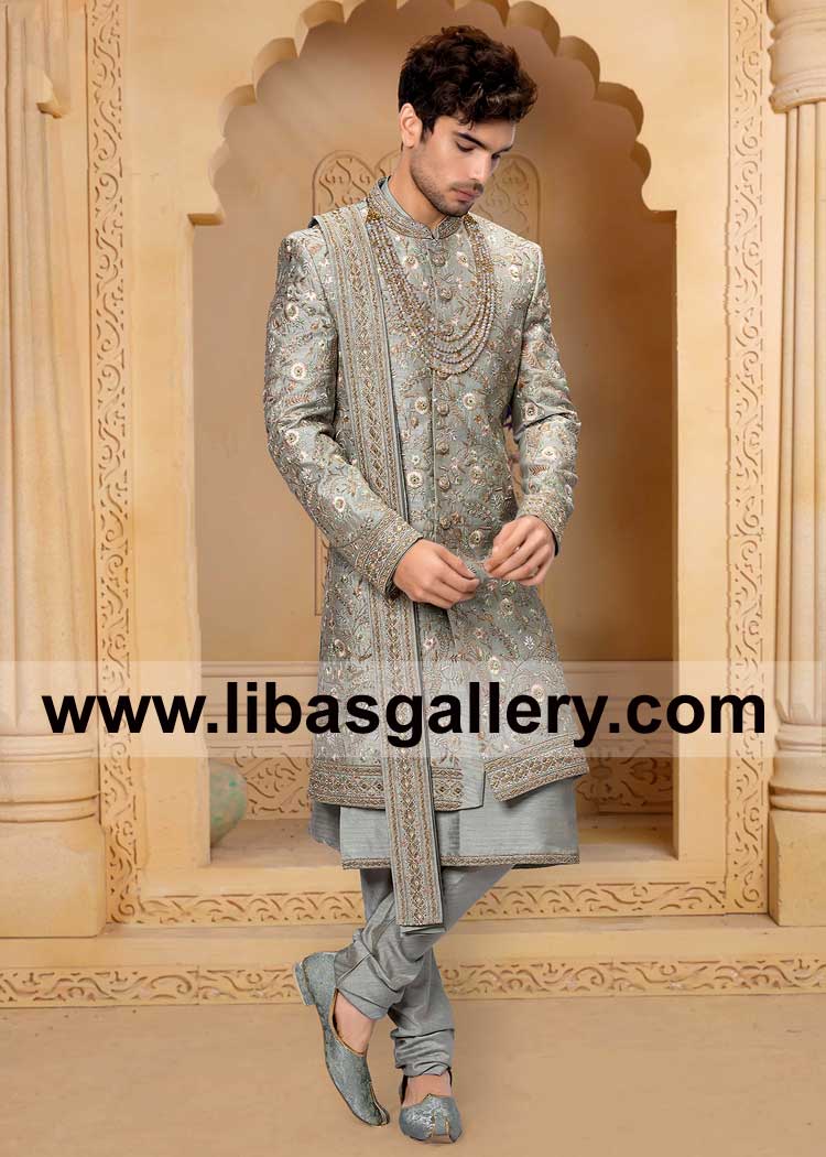 Gray Embellished Beautiful Fancy Men Wedding Sherwani Article