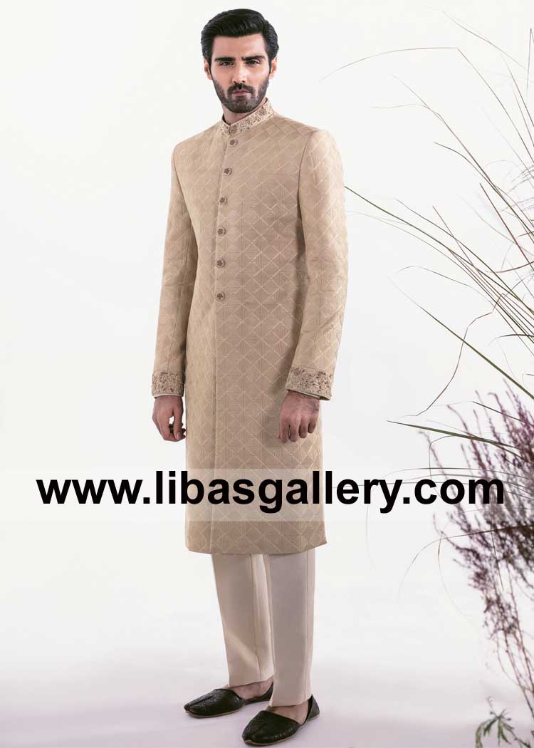 Gold Sherwani with Embroidered Surface on Jamawar Fabric Embellished with Floral Details