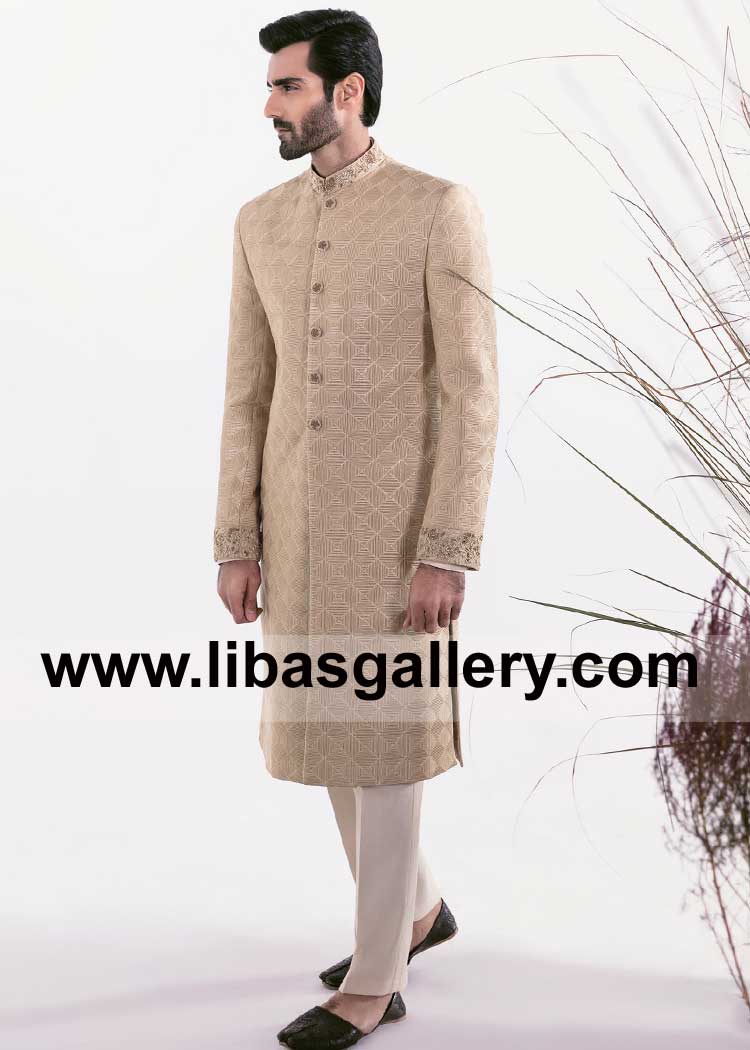 Gold Sherwani with Embroidered Surface on Jamawar Fabric Embellished with Floral Details