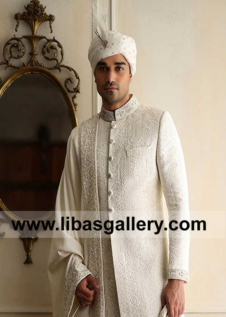 Self Embroidered Raw silk Wedding Sherwani Suit in off white