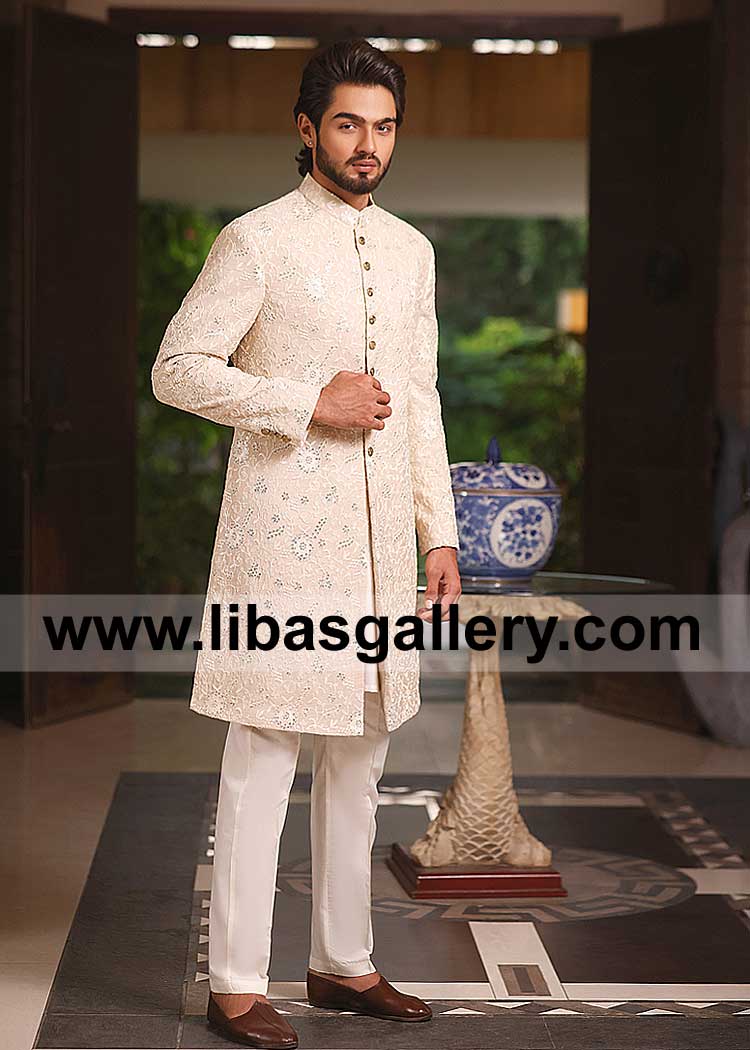 Stylish embroidered wedding sherwani for youngster Nikah barat day in light color with inner kurta trouser fast delivery Qatar Saudi Arabia UAE UK