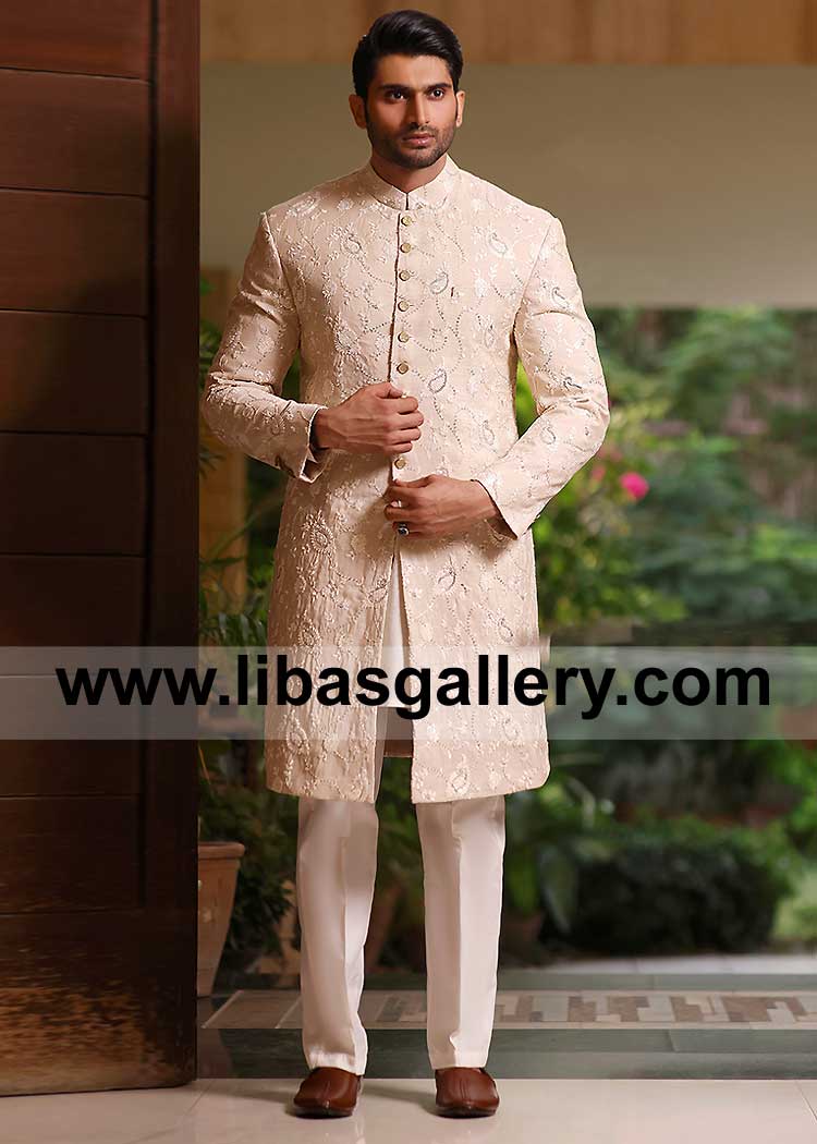 Classic Cream Embroidered Groom Wedding Sherwani Style with Gold buttons with Inner kurta and trouser crafted in Pakistan UK USA Canada Dubai Australia