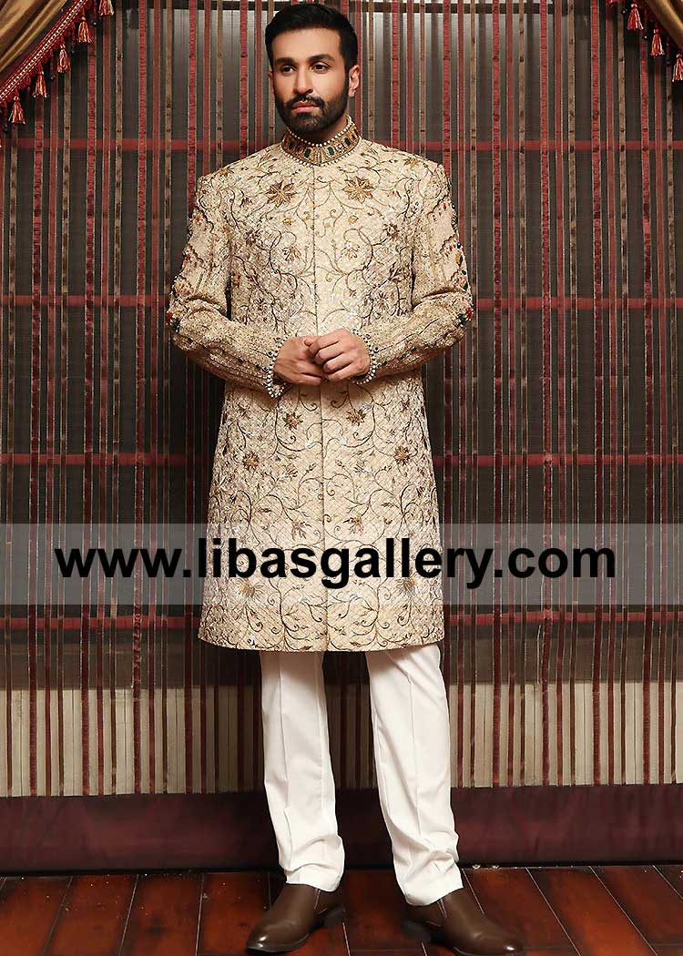 Azfar Rehman in Premium Jamawar Light Gold Sherwani with jewel work on Collar and Sleeves for Nikah Marriage Ceremony UK USA Saudi Arabia Australia Dubai Canada