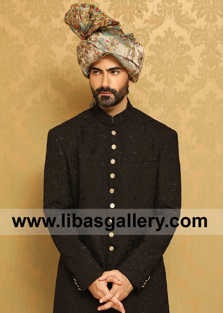 Black Embroidered Men Sherwani Suit for Nikah Barat Wedding Ceremony paired with grey turban 