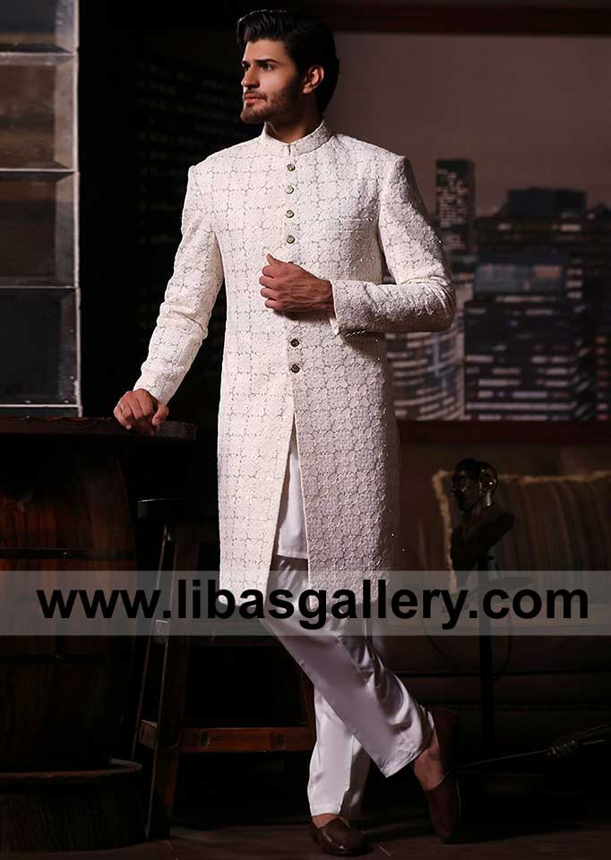 Premium Crafted Men Off White Wedding Sherwani Style for Wedding made on high quality embroidered fabric France Qatar Australia