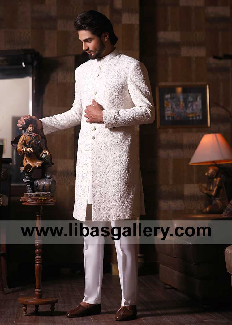 Premium Embroidered off white Pakistani Designer Wedding Sherwani Suit with Inner kurta and Trouser fast postage worldwide UK USA Dubai Canada Australia