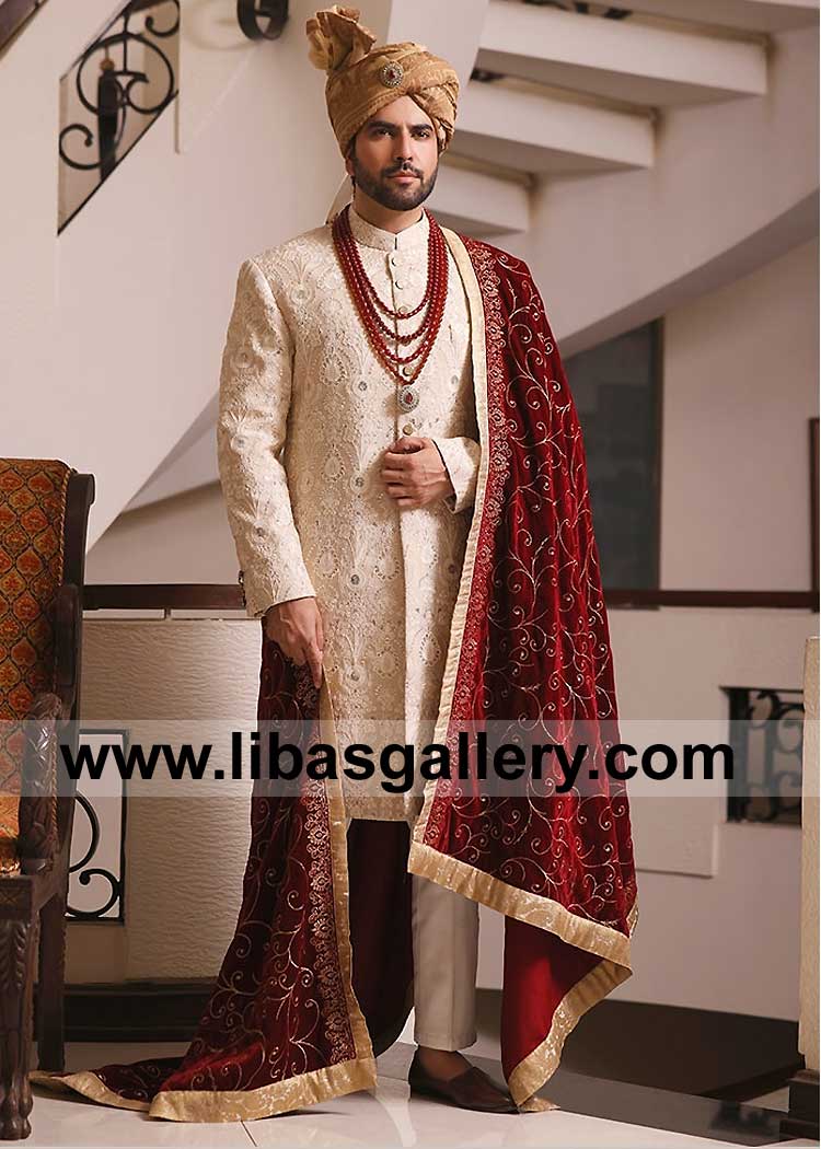 Junaid khan in Cream Traditional Beautiful Embroidered Men Sherwani Suit paired with matching inner kurta trouser and Pretied Pagri Sugarland Texas Chicago USA