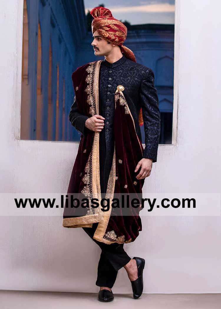 Traditional Classic Tap Shoe Occasion Men Sherwani Style in Karandi Fabric paired with Red Jamawar turban and embroidered shawl UK USA Australia