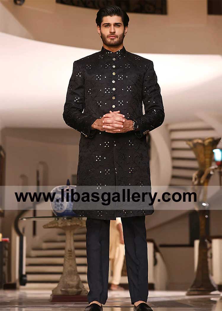 Barlas khan of Khai in Men Black Traditional Embroidered Occasion Pakistani Sherwani Suit with inner kurta trouser UK USA Canada Australia Dubai