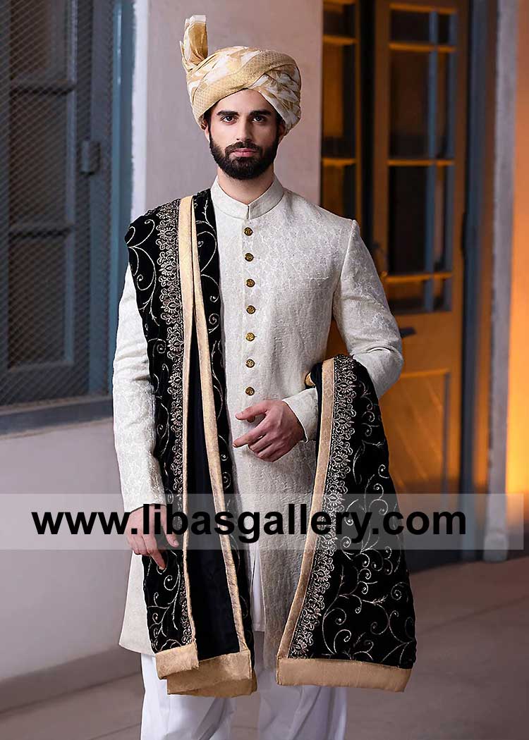 Designer Wedding Sherwani in Silver karandi Jamawar for Men Nikah with Black embroidered shawl and Jamawar Turban Dubai Australia Qatar