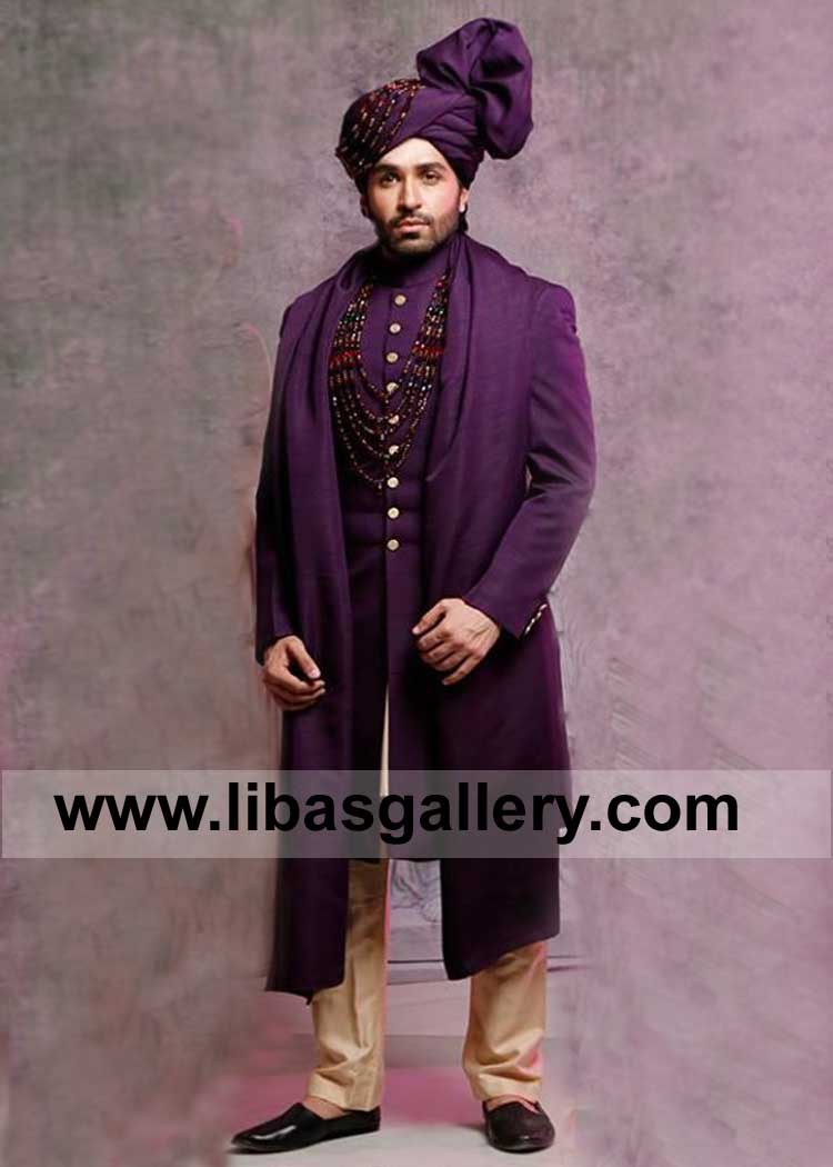 Azfar Rehman wearing purple plain sherwani suit with matching turban and Shawl Germany France UK USA