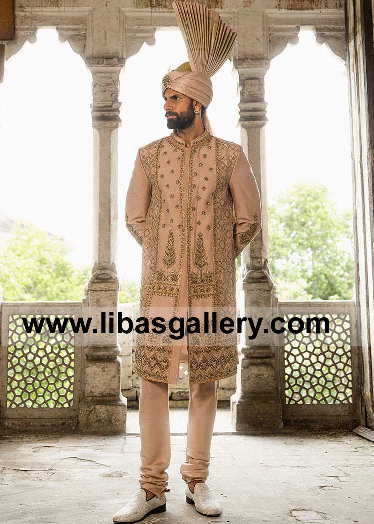 Kashmiri Tea Hued Embroidered Groom Wedding Sherwani Gold Antique hand embellishment on Raw silk with matching inner White Shoes and Punjabi Kulla UK USA Canada Dubai