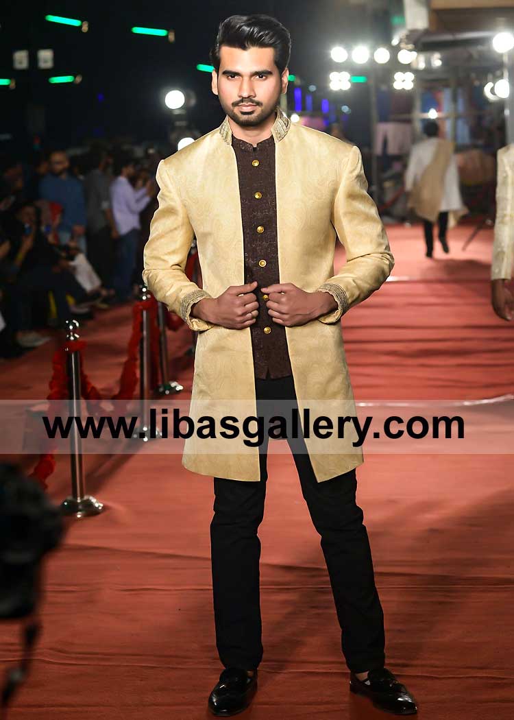 Gold Open Style Jamawar Men Wedding Jacket with Collar Cuff Gold Embroidery paired with Inner Vest Gold Buttons and Pants Dubai UK USA