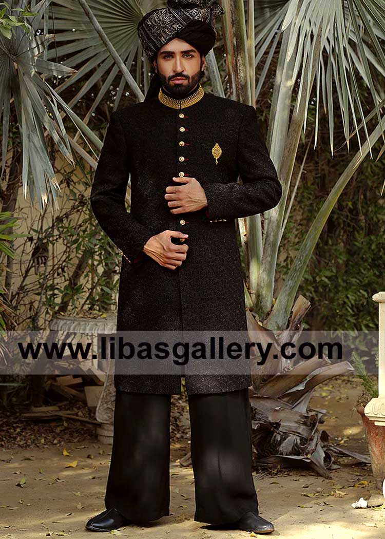 Azfar Rehman in Black Premium Jaal pattern Embroidered Groom Sherwani with Gold work on collar