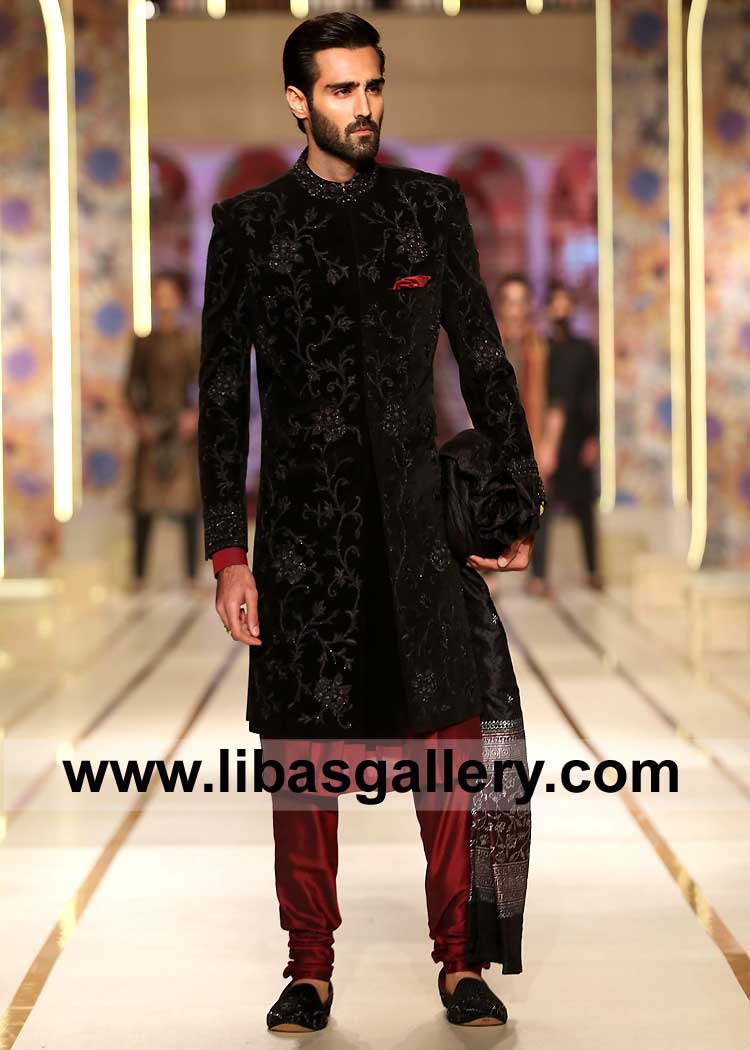Hasnain Lehri in Groom Wedding Sherwani style in Black with hand embellishment paired with Black Turban and Maroon inner Dubai Australia Norway