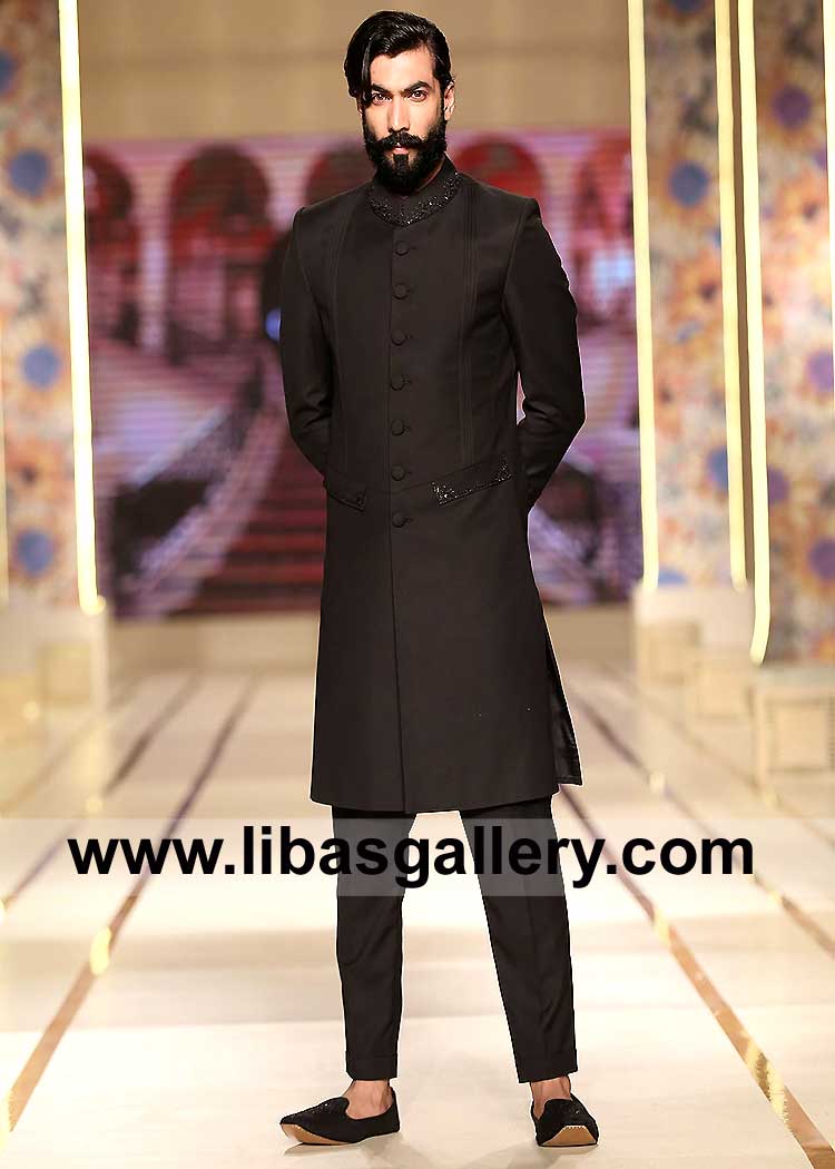 Black Suiting Sherwani For Groom Special Barat day with hand embellishment on collar and waist belt Argentina Australia Austria Azerbaijan