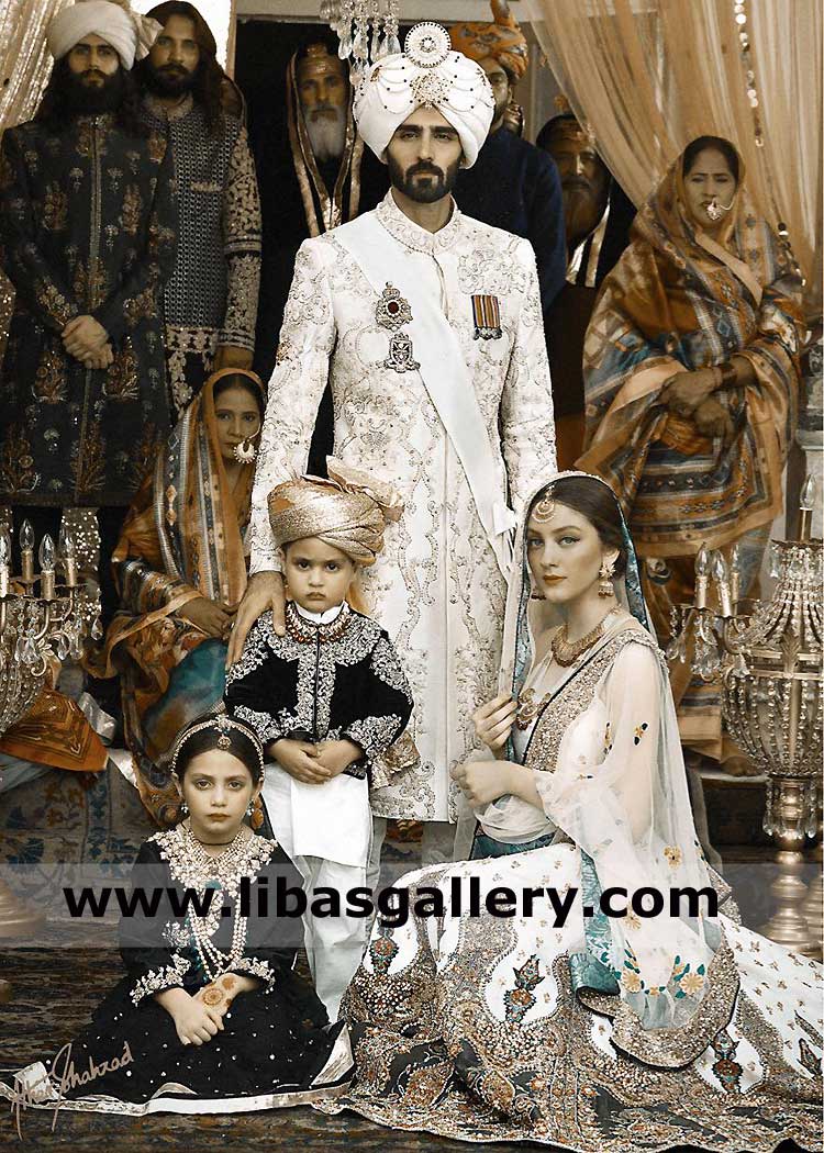 Royal King Style Off White Embroidered Groom Wedding Sherwani with Inner and Turban with Jewelry PC matching Shoes UK USA Canada Australia Dubai