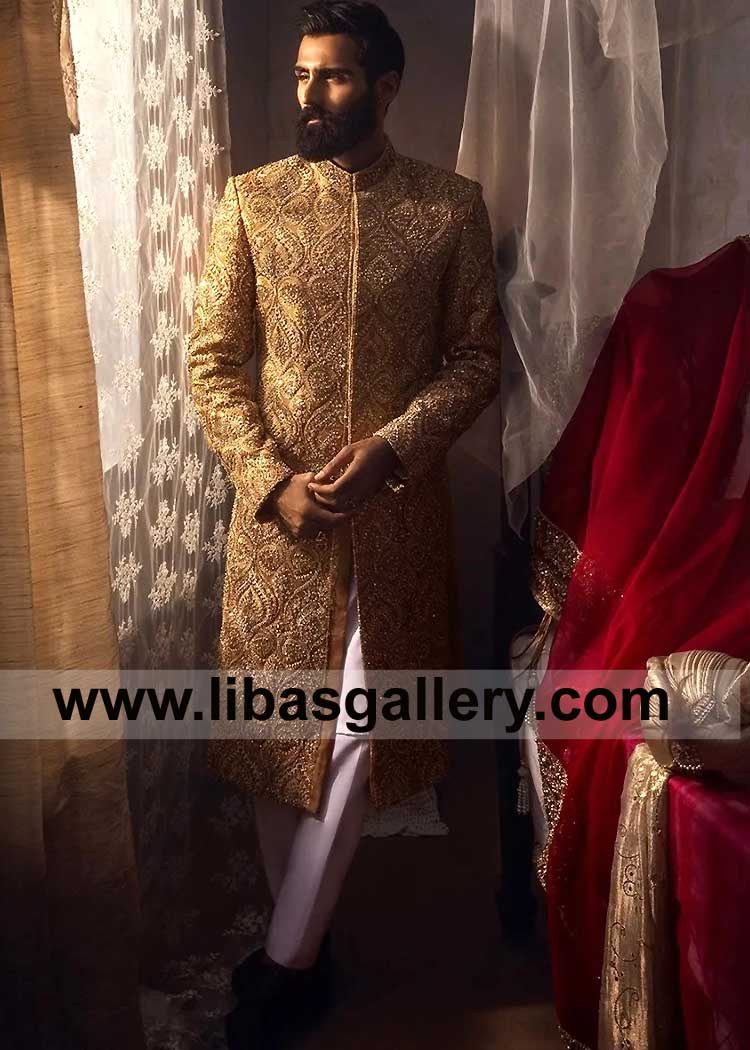 Gold Embroidered Men Bespoke Intricate Fancy Wedding Jacket with Damask Motifs for Nikah Marriage special day Dubai Toronto Perth London California