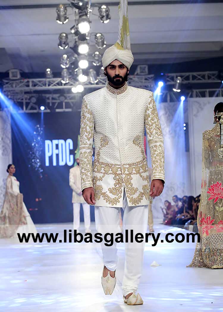 Special Occasion Off white Gold Antique hand Embellished Jamawar Men Sherwani Design with Jumbo Double Fan Punjabi Kulla UK USA Canada Dubai