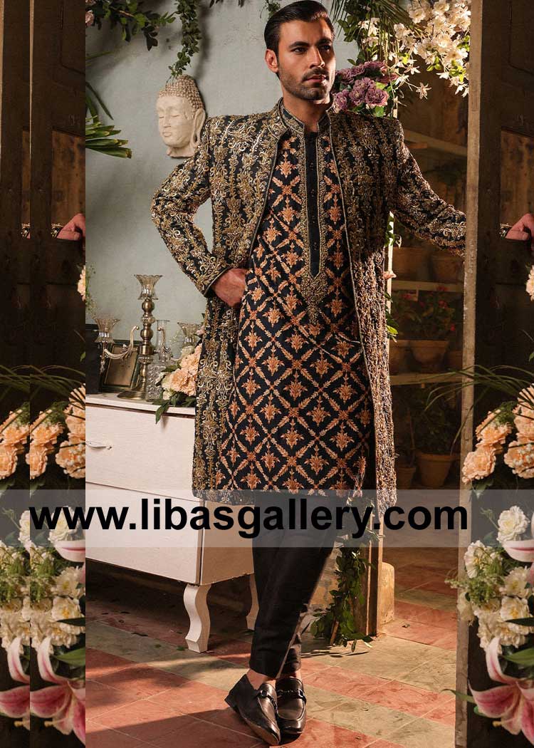 Exquisite Black Raw Silk Groom Nikah Barat Sherwani style with intricate gold kora dabka thread hand embellishment paired with embroidered kurta 