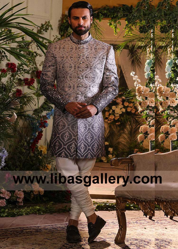 Gray Groom Embroidered Wedding Sherwani Style with Fancy type Mirror Work on Collar and Cuff paired with inner kurta and white pants Toronto Doha Riyadh Dubai Perth