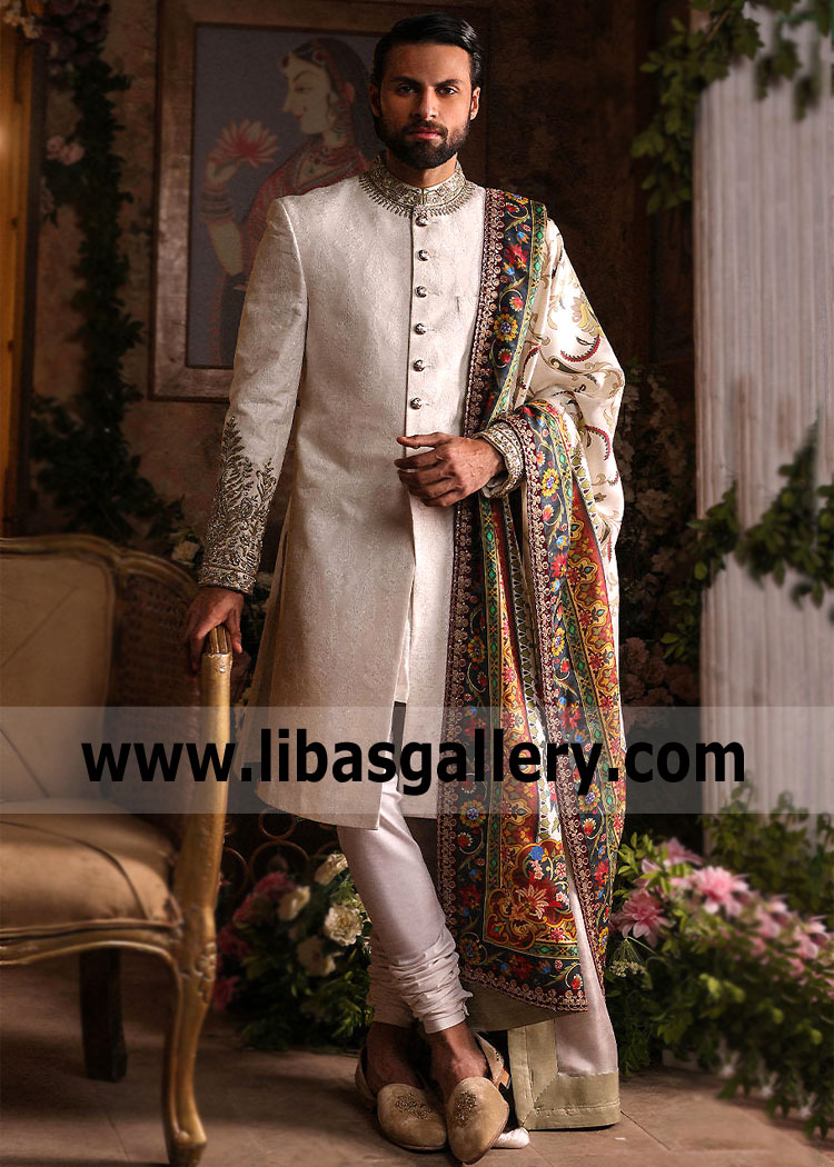 Self Embroidered off white Groom Wedding Sherwani with gold silver hand embellishment combo on collar and sleeves paired with printed Groom Shawl UK USA Dubai Australia Canada