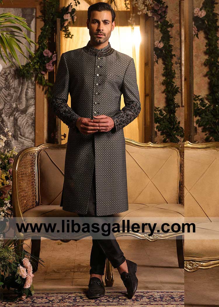 Black and Gold hand Embellished Groom Wedding Sherwani Dress in Jacquard paired with pants best outfit for Men Nikah Barat UK USA Canada Dubai Australia