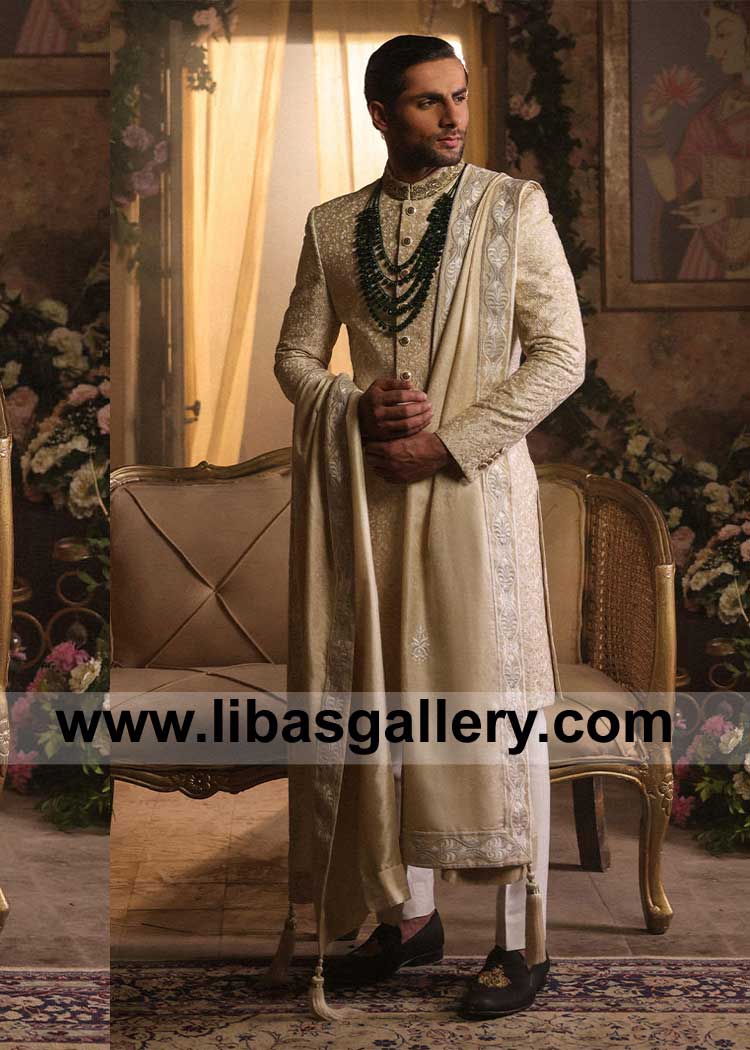 Off White Embroidered Sherwani for a Classic Groom look with Gold hand embellishment collar 