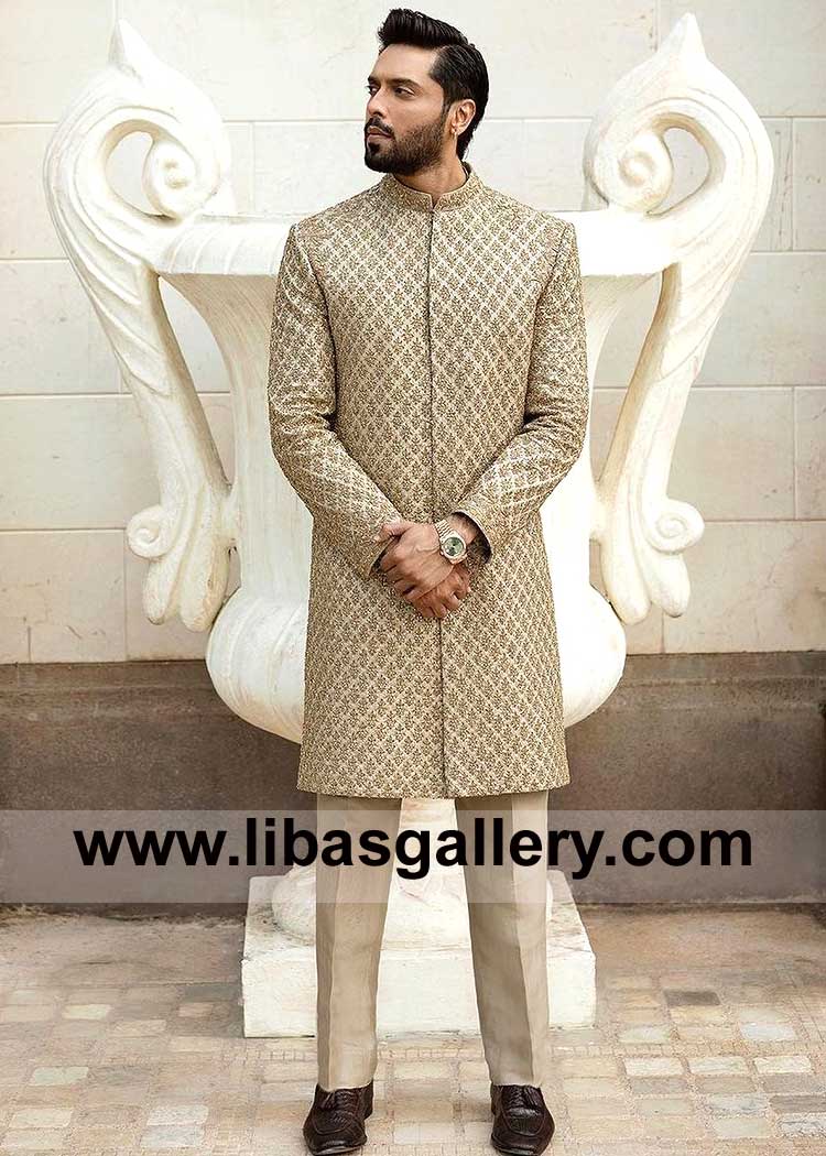 Groom Wedding Sherwani Crafted on Gold Karandi for Nikah Fahad Mustafa paired with Raw silk Inner and Shawl UK USA Canada Dubai Australia