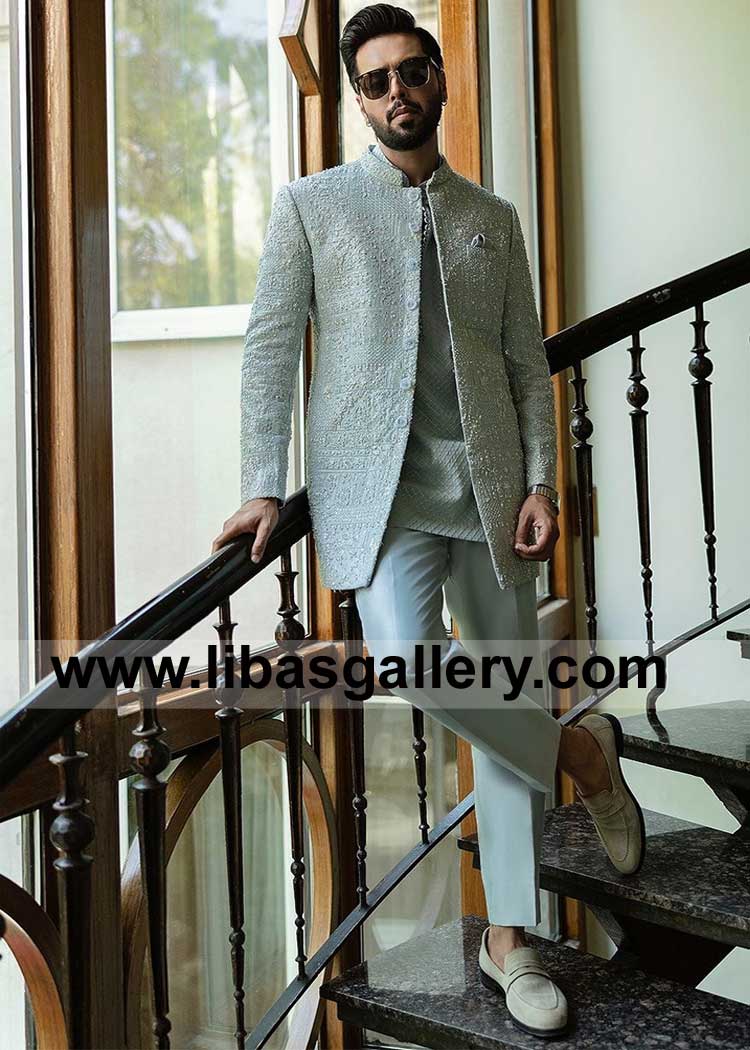 Ice Blue Short Length Self Jamawar Groom Wedding Sherwani craftsmanship by Kora Dabka UK USA Canada Australia Dubai