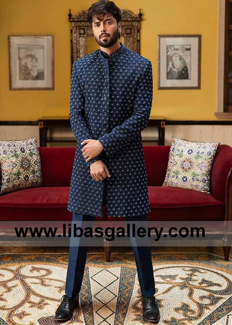 Premium Quality pure Karandi Navy Blue Men Nikah Sherwani with Moti and Kora Hand embellishment paired with matching Raw silk Kurta Trouser UK USA Germany France Qatar