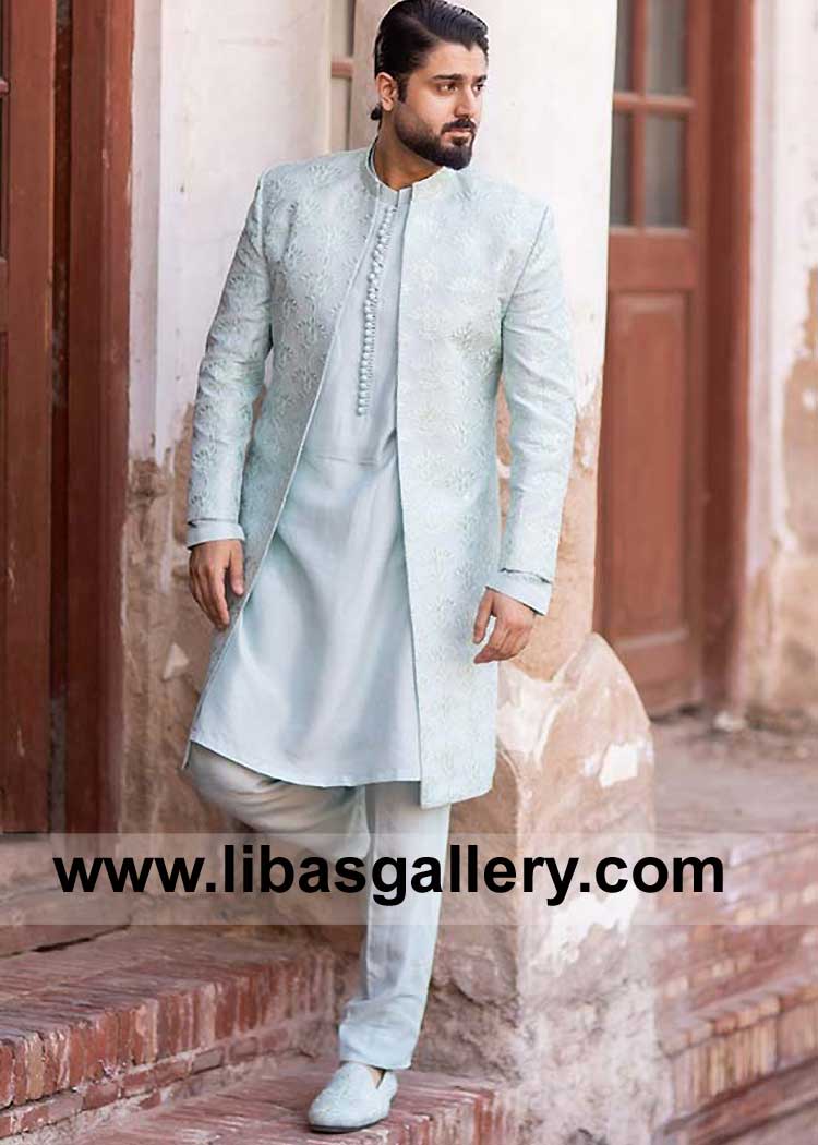 Zaviyar Ijaz in Ice Blue Embellished Open Style Nikah Sherwani paired with hand made Special Loop Buttons Kurta Pajama New York Chicago Houston USA