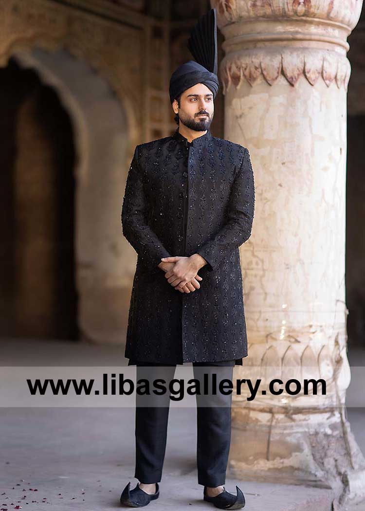 Zaviyar Ejaz in Black Groom Exclusive Sherwani article with Embroidery and Hand Embellishment Combo paired with Raw silk kurta trouser Sheffield Manchester London UK