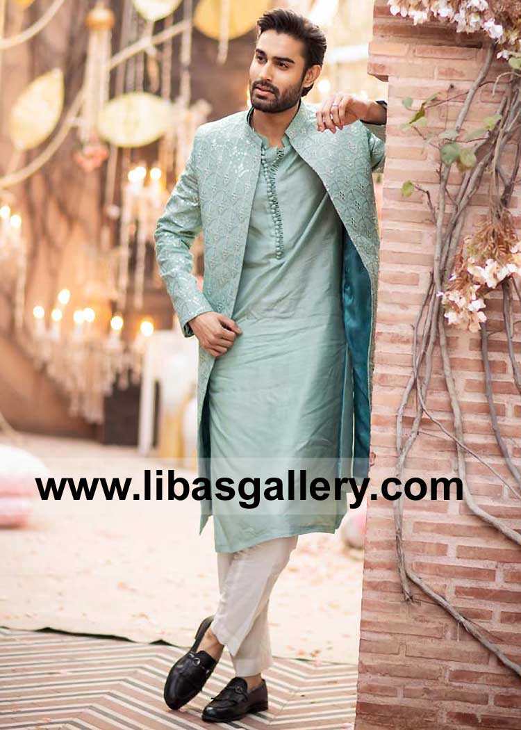 Men Sea Green Nikah time Embellished Sherwani Article with Special Loop Buttons matching Inner kurta and white trouser Perth Dubai Chicago London Toronto