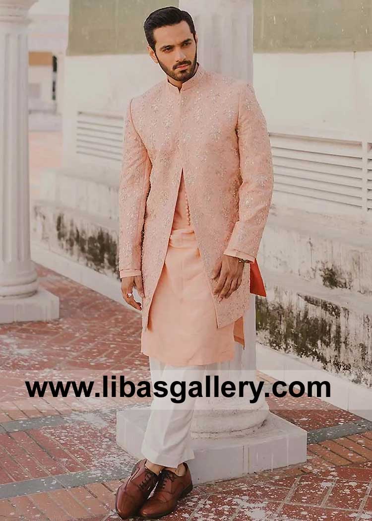 Wahaj Ali in Peach Premium Embroidered Groom Sherwani Design with Special Loop Buttons Matching Kurta and White Trouser Charlotte Indianapolis Illinois USA