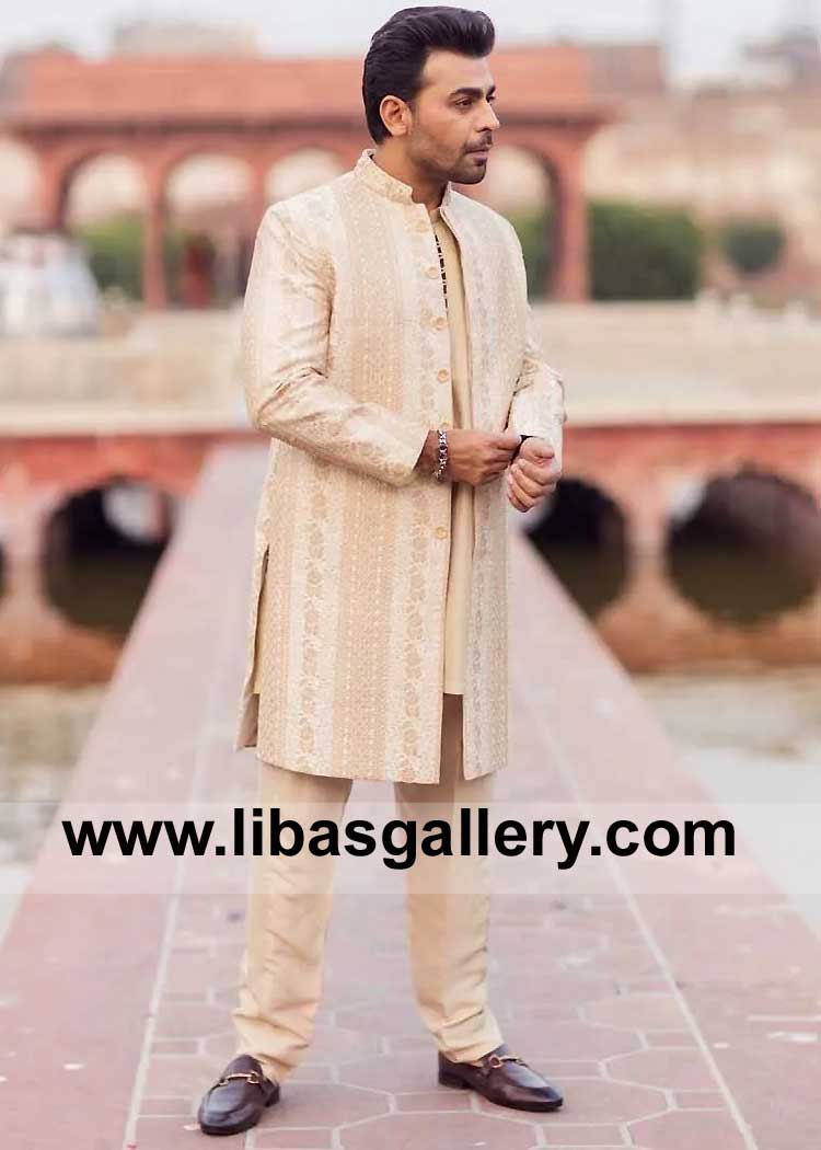 Farhan Saeed in Beige Heavy Embellished Designer Sherwani Article for Wedding with matching Raw silk Kurta Trouser Inner Nashville Doncaster Oslo Dubai Paris