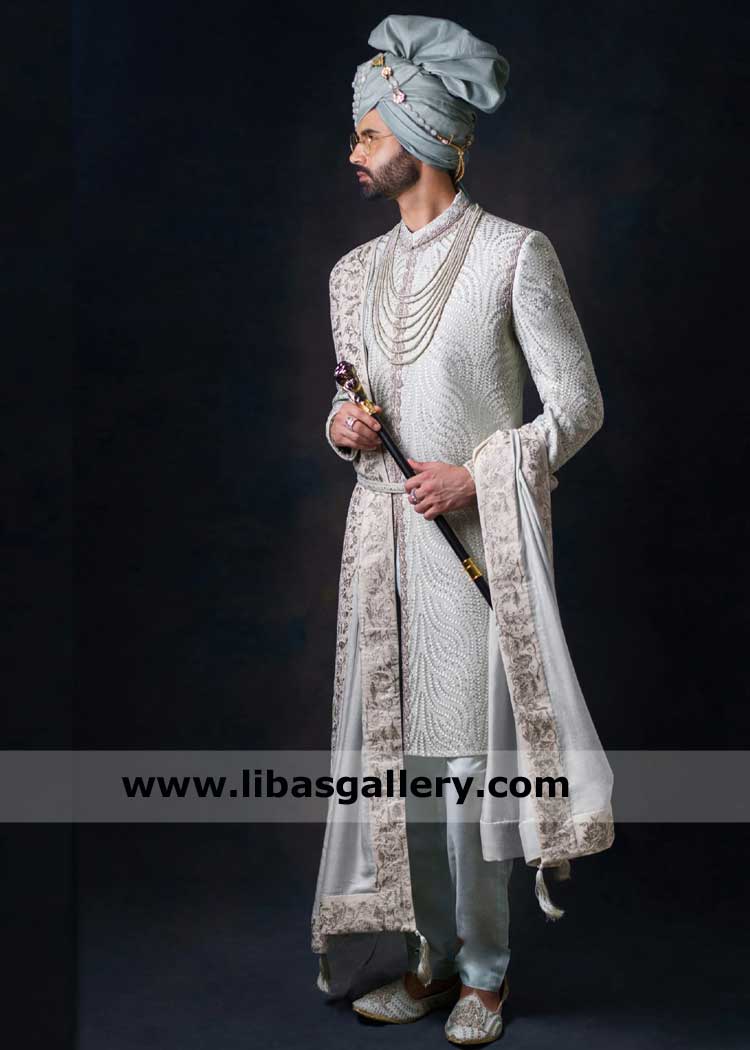 Pearl Green Embellished Groom Wedding Sherwani