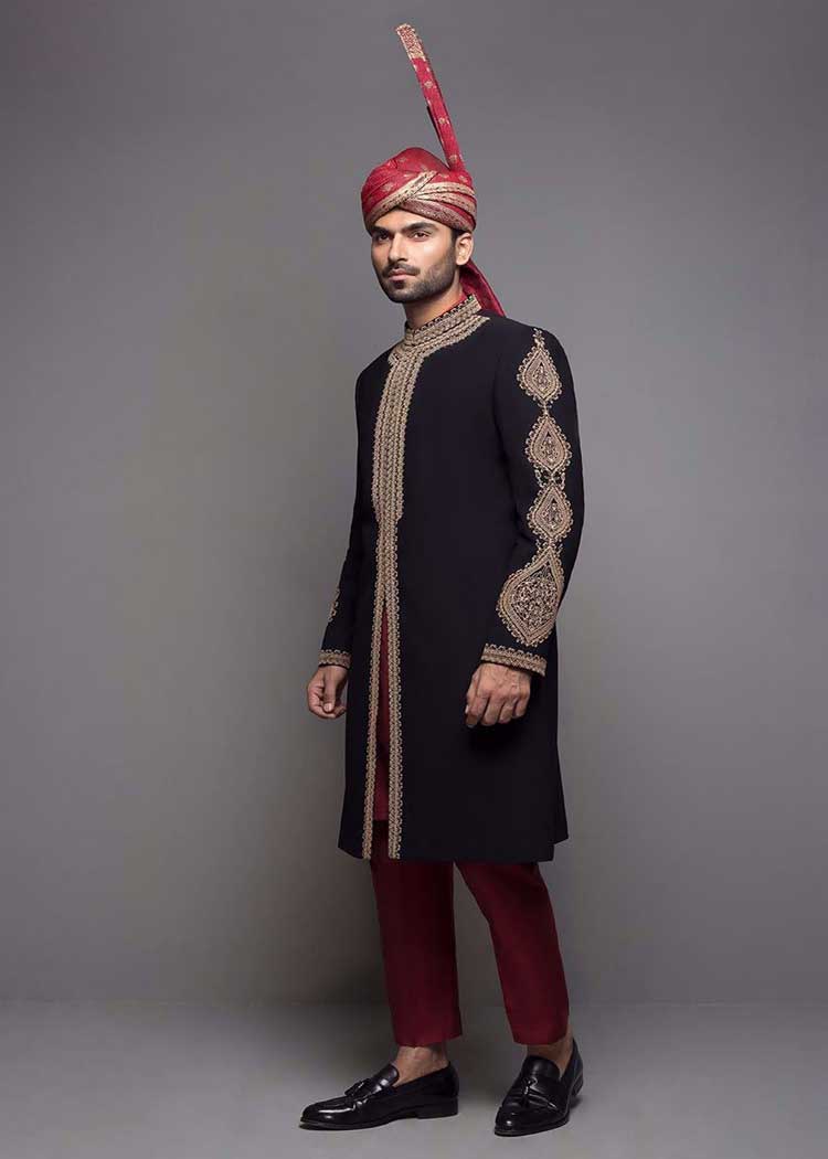 dark shade groom sherwani with neat and fancy cord embroidery
