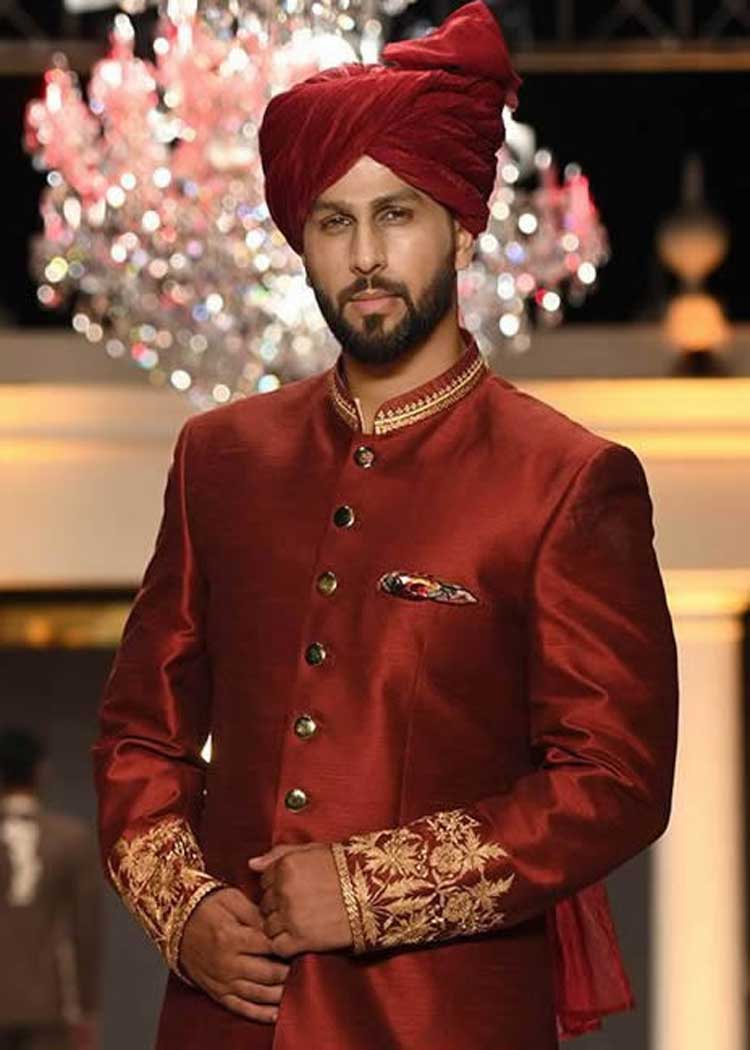 Red gold groom embroidered awesome nikah barat sherwani ensemble 