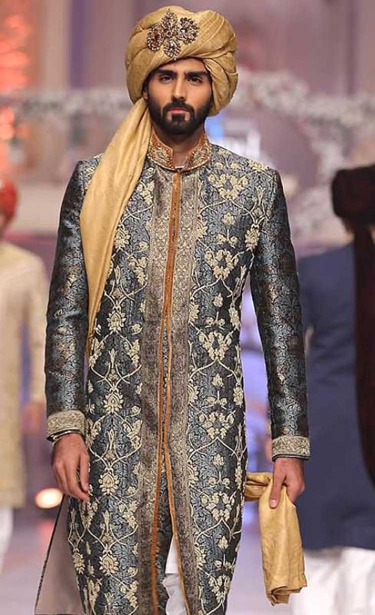 Jamawar wedding sherwani Gray silver for barat day