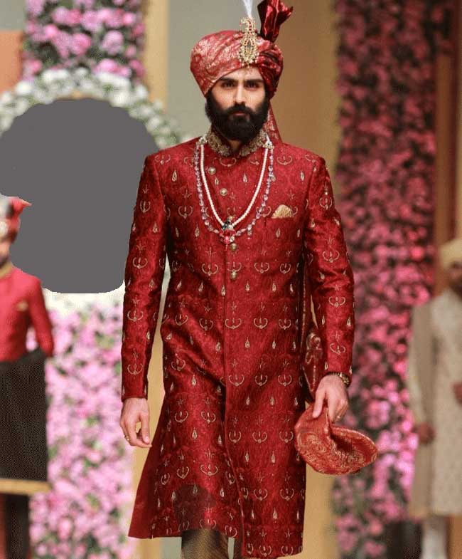 Beautiful Red Jamawar groom nikah barat sherwani