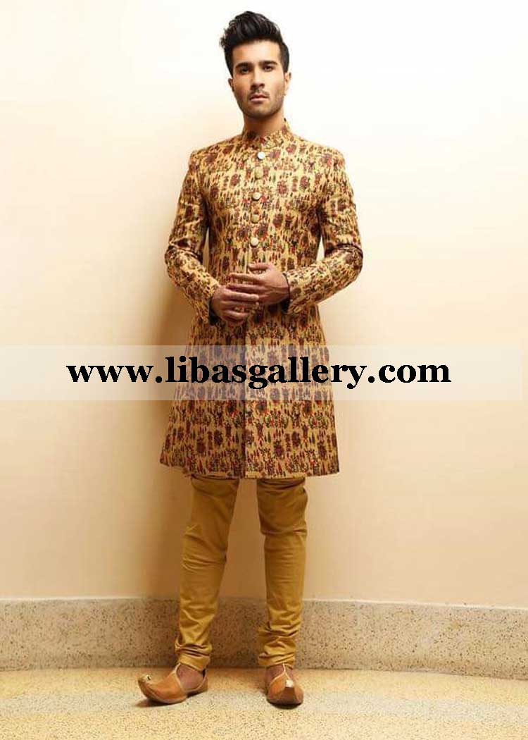 feroze khan tv film actor in pakistani sherwani fancy buttons gold best for nikah barat day groom dulha qatar saudi arabia usa