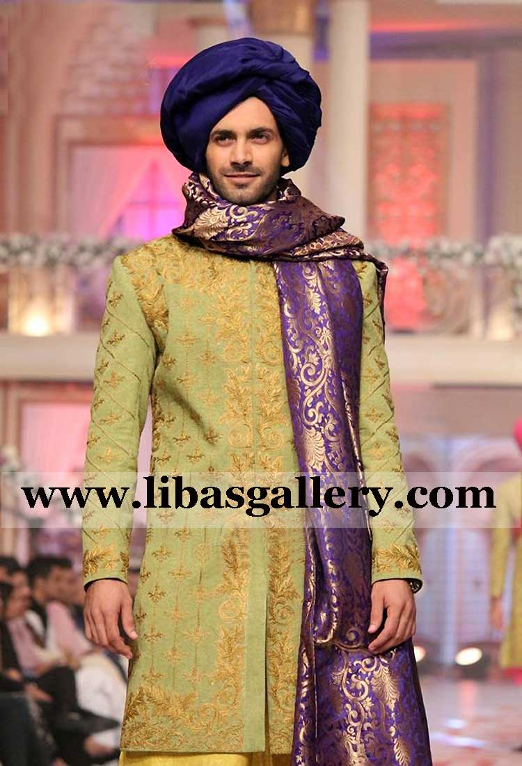 light green gold heavy embroidered groom wedding sherwani